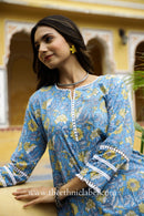 Blue Floral Bird Cotton Kurta