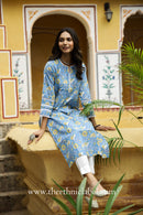 Blue Floral Bird Cotton Kurta