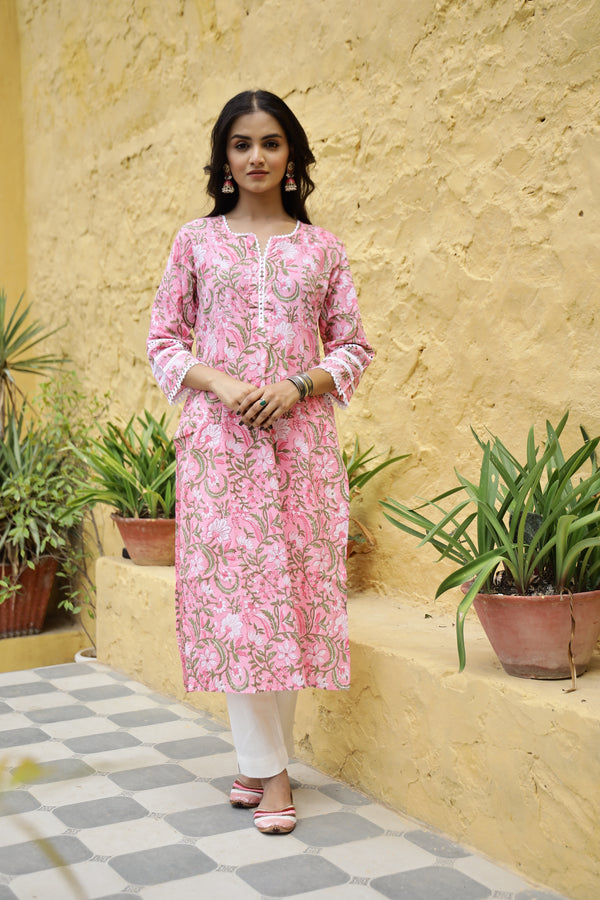 Tripta 3/4th Sleeve Multicolor Cotton Straight Hand Block Printed Kurti  With Bottom, Size: 36, 38, 40, 42, 44 at Rs 1545/piece in Jalandhar