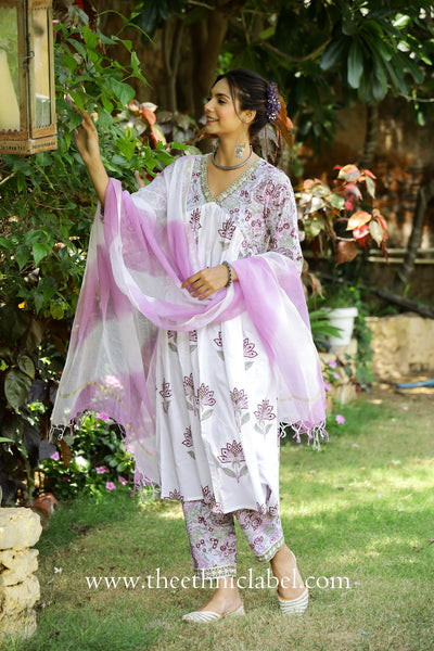 "Fiza" Mughal Hand Block Printed Purple White suit set