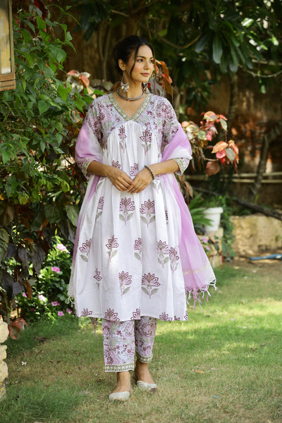 "Fiza" Mughal Hand Block Printed Purple White suit set