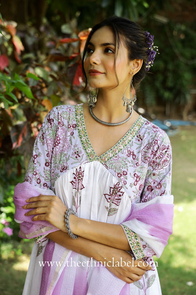 "Fiza" Mughal Hand Block Printed Purple White suit set