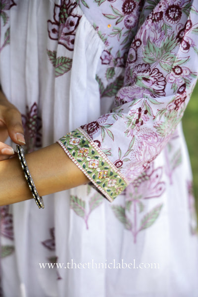 "Fiza" Mughal Hand Block Printed Purple White suit set