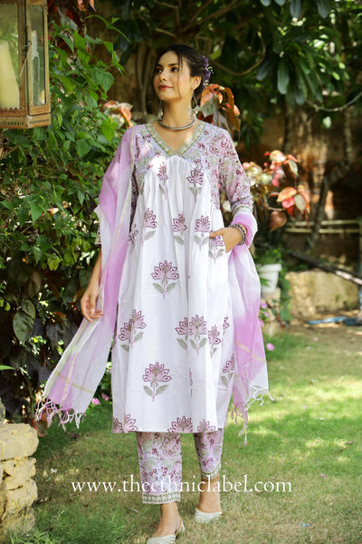 "Fiza" Mughal Hand Block Printed Purple White suit set