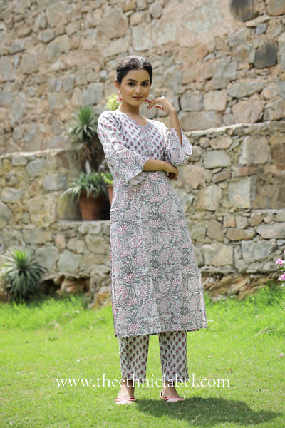 "Sakhi" Grey Hand block printed Cotton Kurta Pant Set(2 pc)