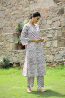 "Sakhi" Grey Hand block printed Cotton Kurta Pant Set(2 pc)