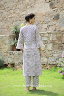 "Sakhi" Grey Hand block printed Cotton Kurta Pant Set(2 pc)