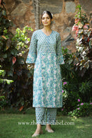 "Sakhi" Sea Green Hand Block Printed Cotton Kurta Pant Set(2 pc)