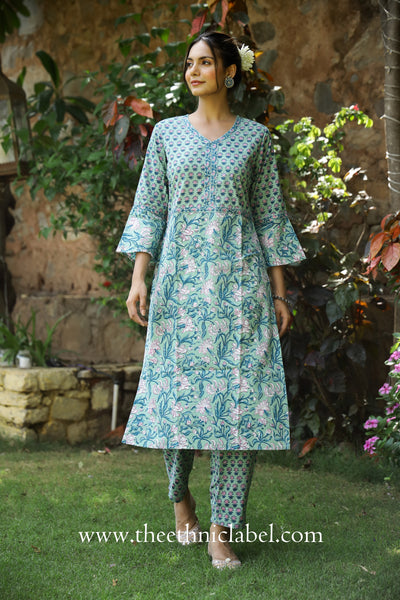 "Sakhi" Sea Green Hand Block Printed Cotton Kurta Pant Set(2 pc)