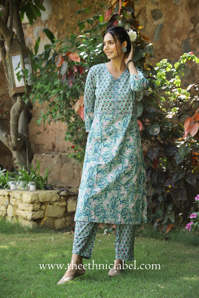 "Sakhi" Sea Green Hand Block Printed Cotton Kurta Pant Set(2 pc)