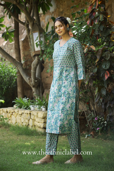 "Sakhi" Sea Green Hand Block Printed Cotton Kurta Pant Set(2 pc)