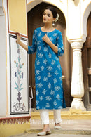 "Aisha" Prussian Blue Cotton Kurta- XL