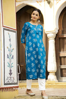 "Aisha" Prussian Blue Cotton Kurta- XL