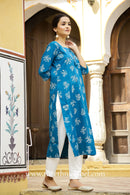 "Aisha" Prussian Blue Cotton Kurta- XL