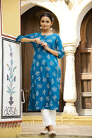 "Aisha" Prussian Blue Cotton Kurta- XL