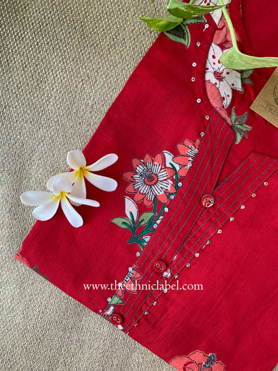 "Snehal" Red Block Printed Floral Cotton kurta