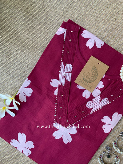 "Tulika" Wine Floral Pure Cotton Kurta