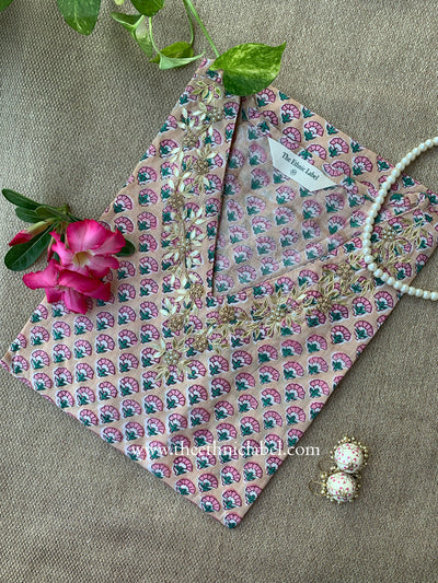 "Khidmat" Hand Embroidered Block Printed Peach Cotton kurta