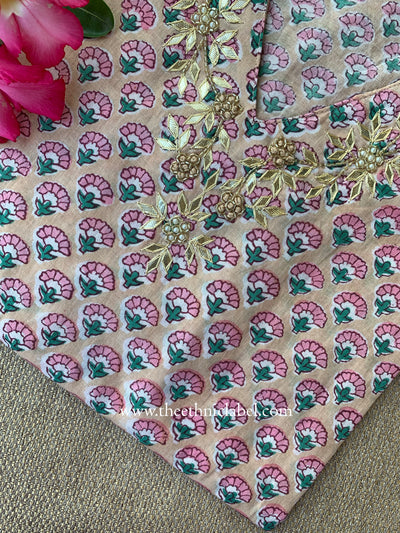 "Khidmat" Hand Embroidered Block Printed Peach Cotton kurta