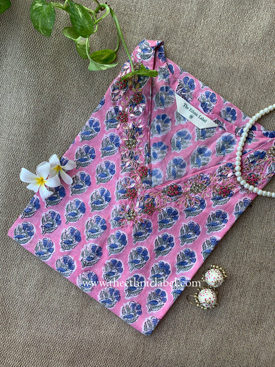 "Mridu" Hand Embroidered Block Printed Pink Cotton kurta