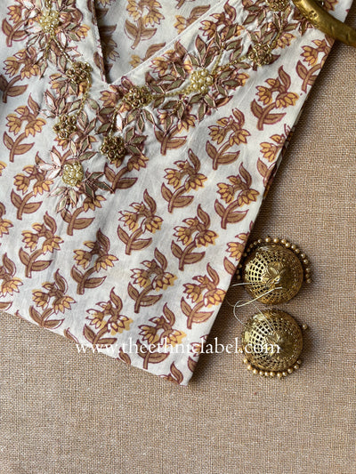 "Saheli" Hand Embroidered Block Printed Cotton kurta