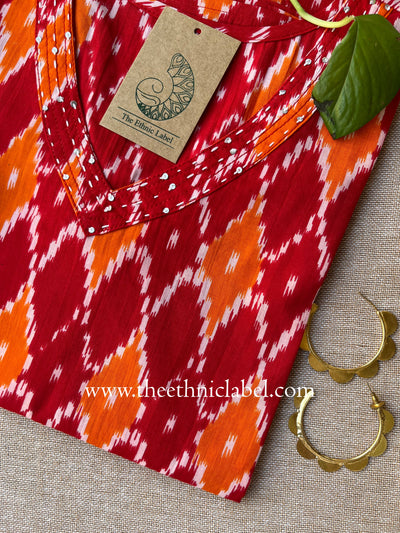 Red "Ikat" Kantha Cotton Kurta