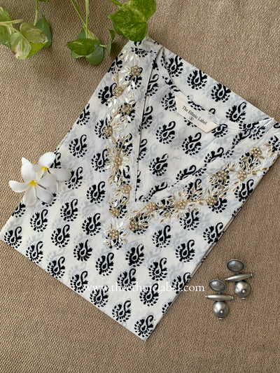 "Wafa" Hand Embroidered Block Printed Cotton kurta