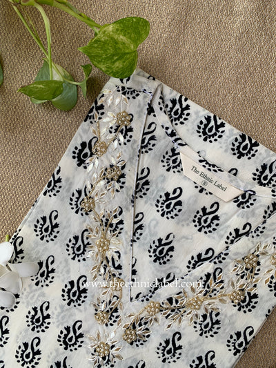 "Wafa" Hand Embroidered Block Printed Cotton kurta