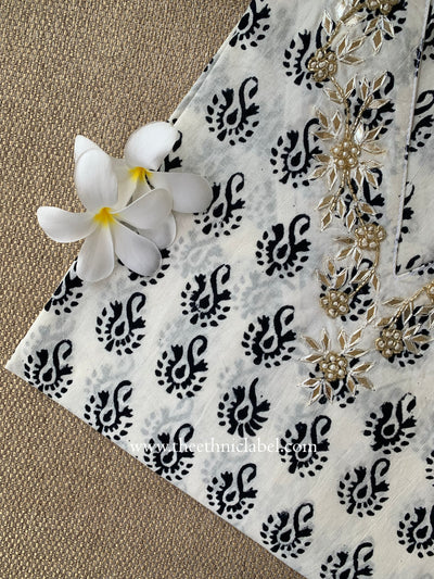 "Wafa" Hand Embroidered Block Printed Cotton kurta