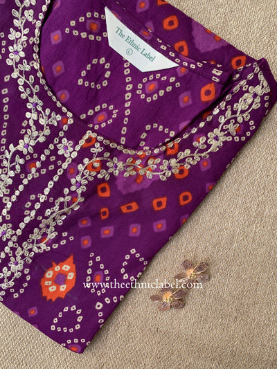 "Aangan" Bandhani Purple Embroidered Cotton Kurta