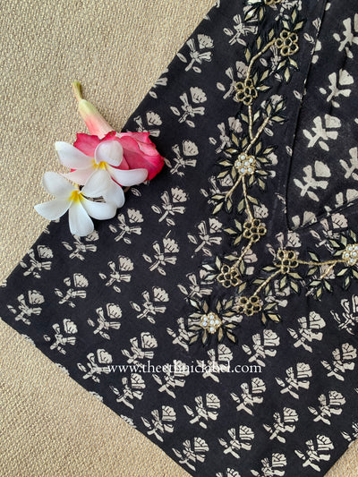 "Aamna" Hand Embroidered Block Printed Black Cotton kurta