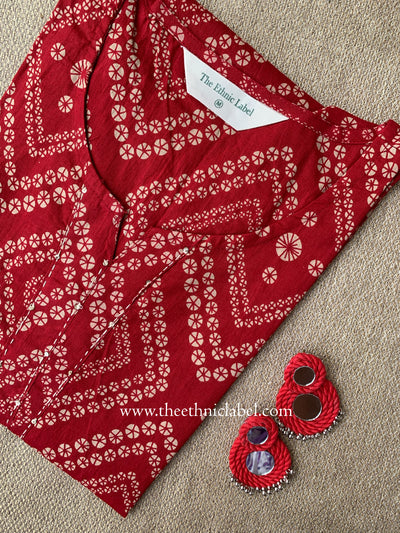 "Hanaya" Bandhani Red Kantha Cotton Kurta