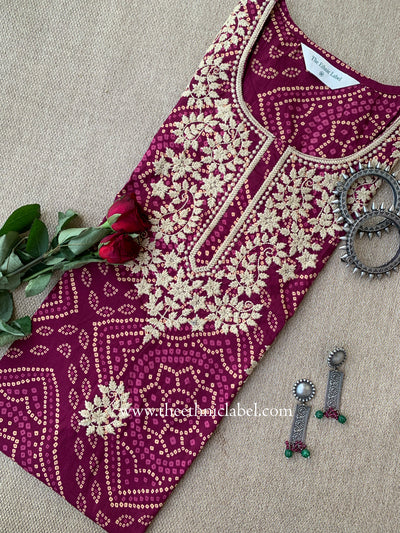 "Rehza" Bandhani Magenta Embroidered Cotton Kurta