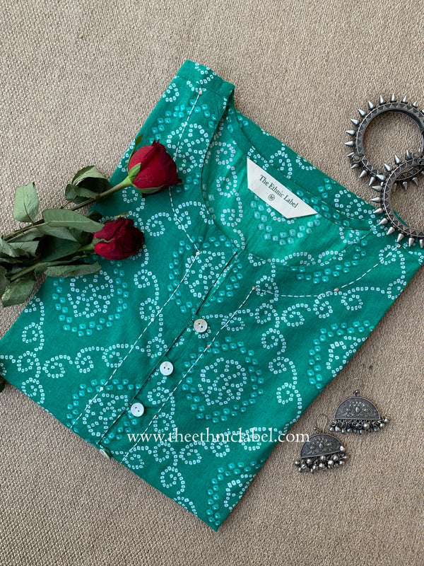 "Ratnali" Bandhani Green Kantha Cotton Kurta