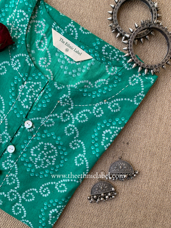 "Ratnali" Bandhani Green Kantha Cotton Kurta