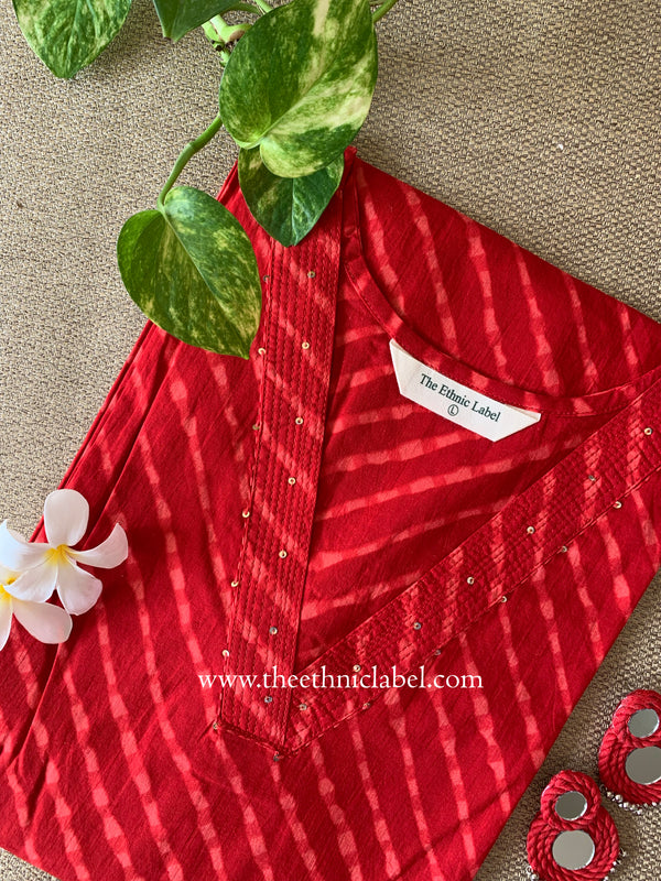 Jvalani Lehriya Printed Red Cotton kurta