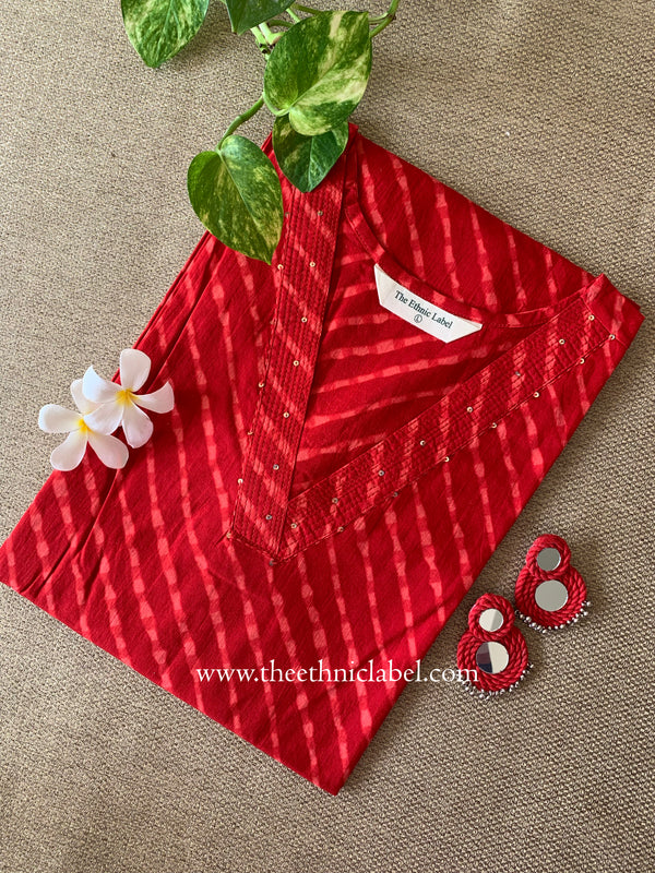Jvalani Lehriya Printed Red Cotton kurta