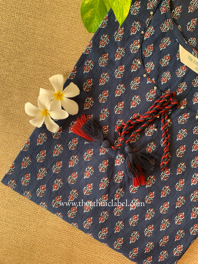 "Nihaar" Blue Booti tassel Cotton kurta - Big Size