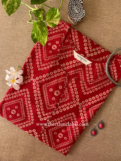 "Akshara" Red Bandhani Cotton kurta - Big Size