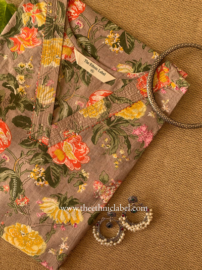 "Aekta" Grey Floral Cotton kurta Big size- 4XL
