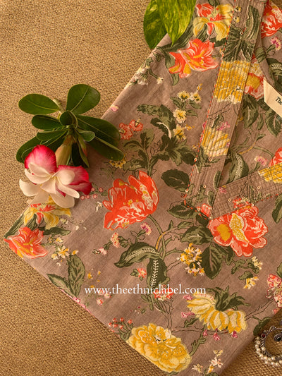 "Aekta" Grey Floral Cotton kurta Big size- 4XL