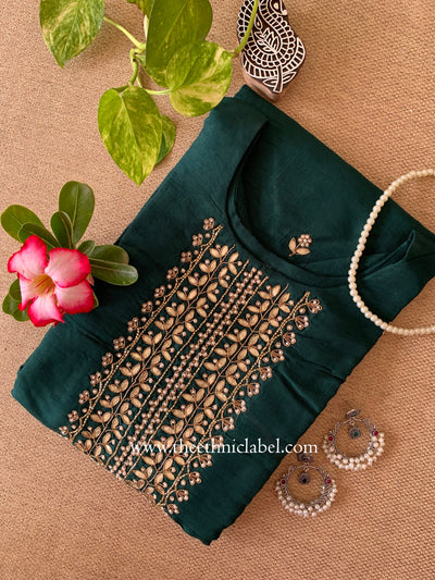 "Gulkar" Dark green embroidered pure silk kurta- XXL, 3XL