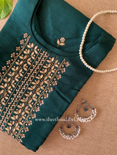 "Gulkar" Dark green embroidered pure silk kurta- XXL, 3XL