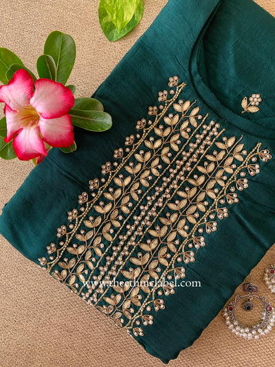 "Gulkar" Dark green embroidered pure silk kurta- XXL, 3XL