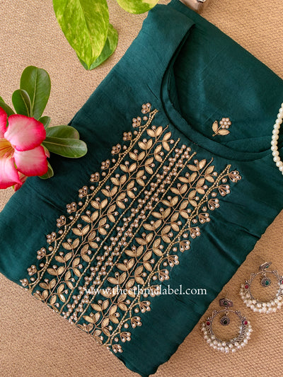 "Gulkar" Dark green embroidered pure silk kurta- XXL, 3XL