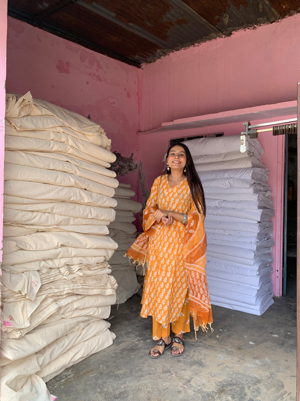 "Aftaab" Batik Print Cotton Kurta Set with Kota Doria Dupatta(3pc)