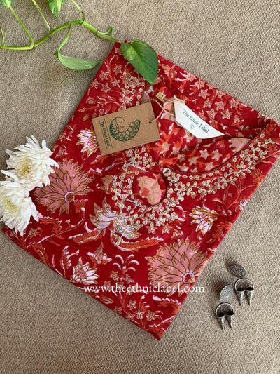 "Rihaa" Hand Block Printed Embroidered Cotton kurta