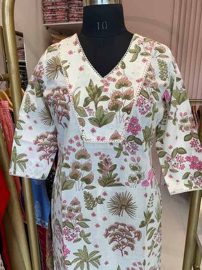 "Sukhee" Hand Block Printed Laced Cotton kurta