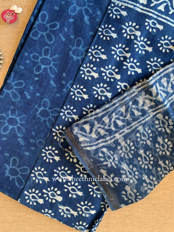 Indigo Unstitched Suit Set with Doria Dupatta- 3pc