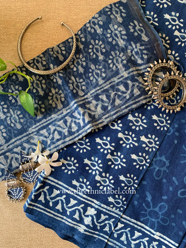Indigo Unstitched Suit Set with Doria Dupatta- 3pc